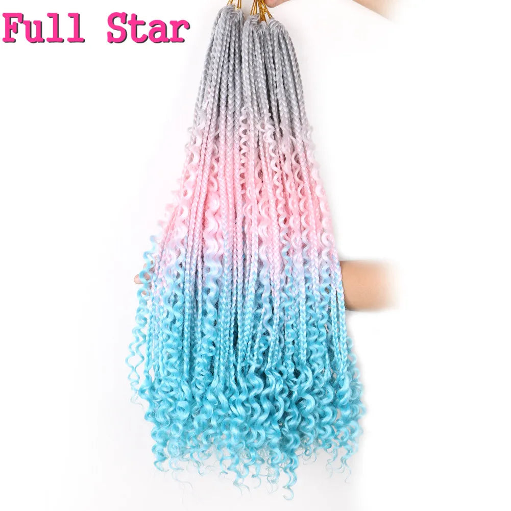 Full Star 22Inch 12 Strands Tight Box Braids Crochet Hair Wavy Ends Synthetic Hair Extensions Ombre  Black Brown Color