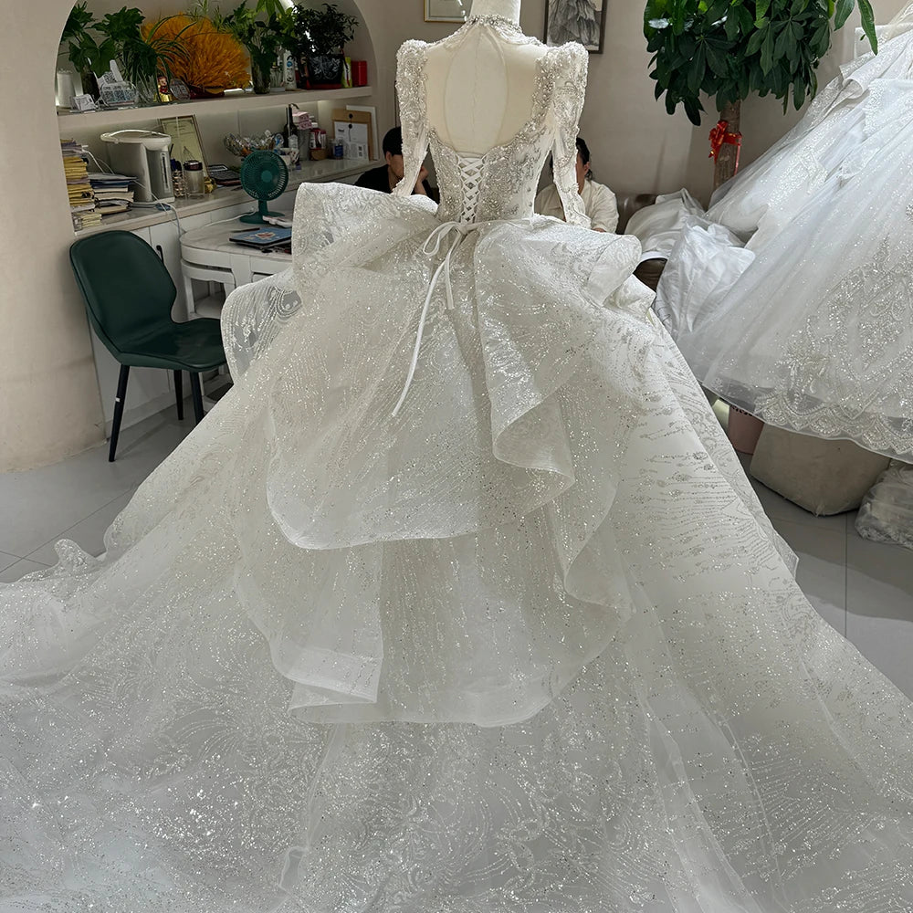 Crystal Bead Long Cathedral Train Wedding Dresses Gowns Luxury Bridal Ball Gowns Wedding Dress Dw0010 - My Store