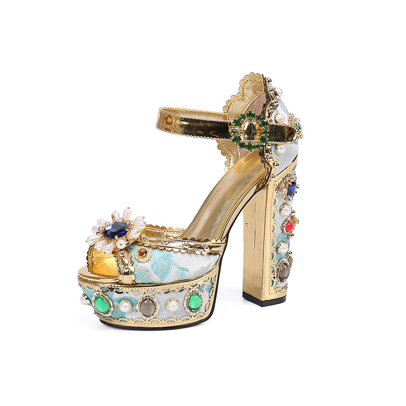 Diamond Women Heels Gold Genuine Leather Sandals Block Heel Shoes Luxury Brand