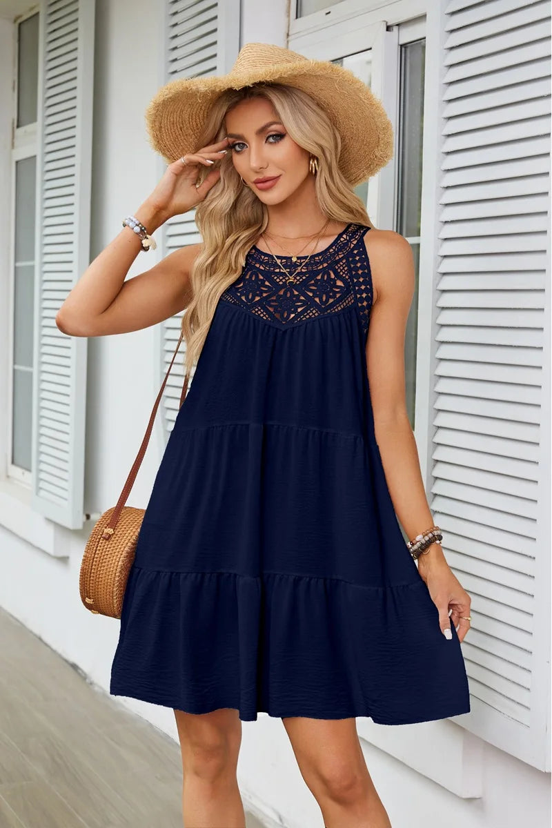 Custom Logo Women's Dresses Hollow Lace Stitching Halter Neck A-Word Dress Casual Dresses