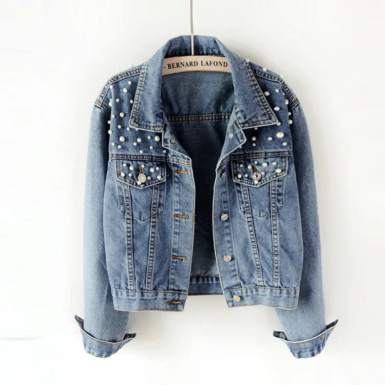 Pearl Beaded Ladies Denim Jeans Jackets Coat Casual Bomber Jean Jacket for Women