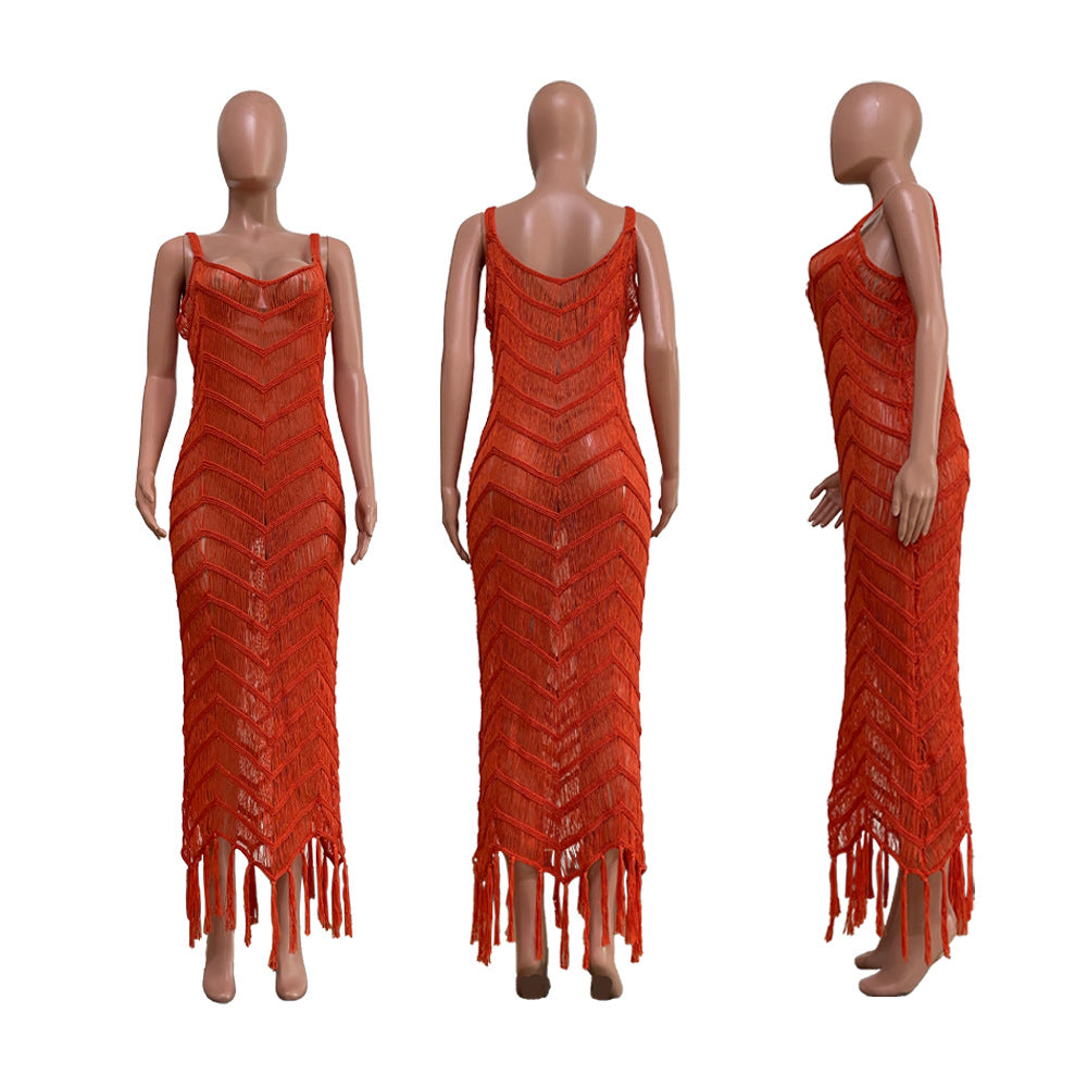 Summer Knitting Dresses Women Clothing Beach Long Tassel Dress Women Dresses