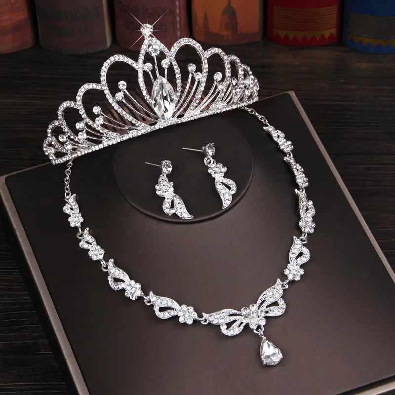 3PCS Rhinestone Crystal Butterfly Bridal Jewelry Sets Necklace Earring Tiara Set Wedding Hair Ornaments African Bead Jewelry Set
