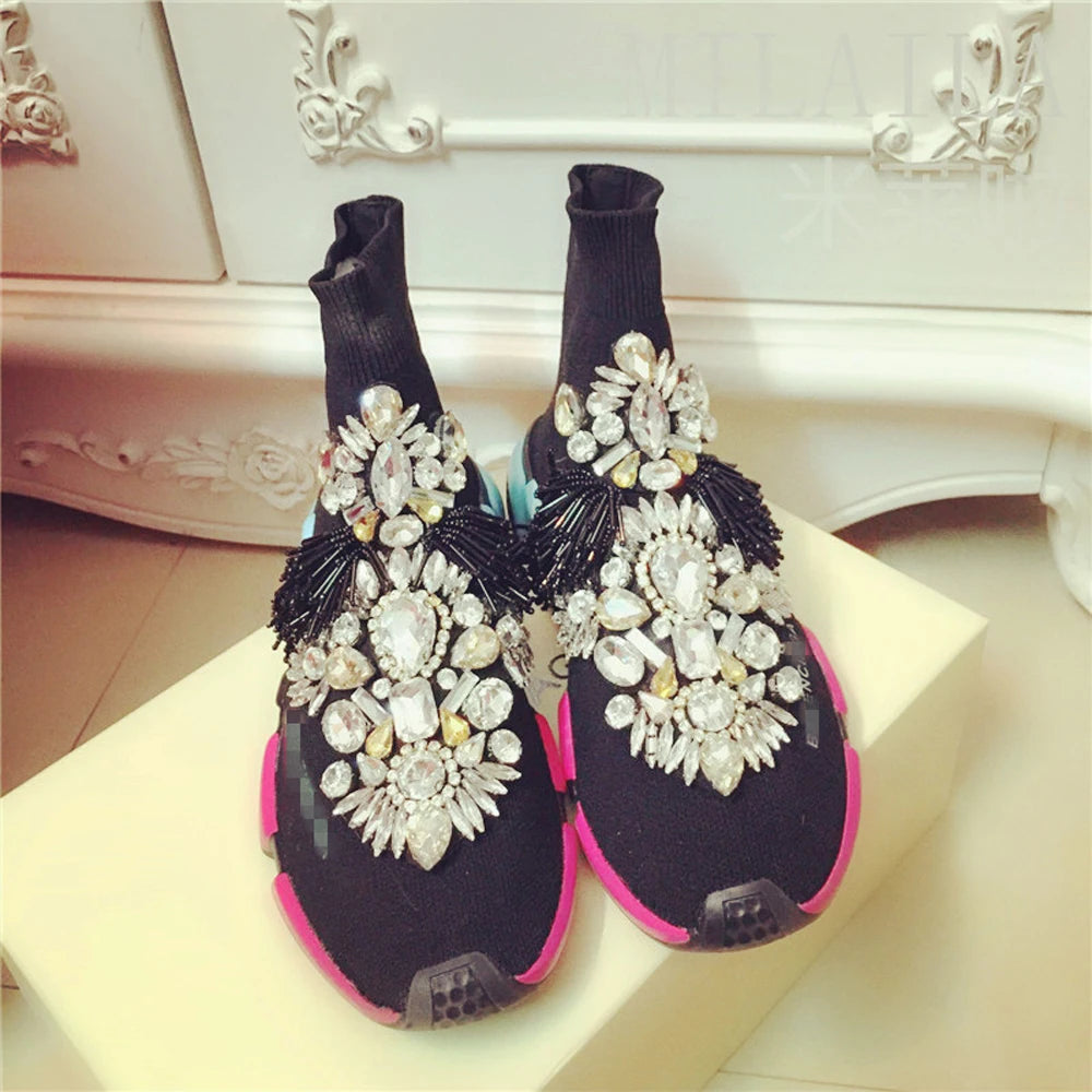 Crystal Sock Sneaker Shoes Women Shoes With Crystals Rhinestone Sock Shoes Fashion Sneakers Women Short Boot Shoes WK85