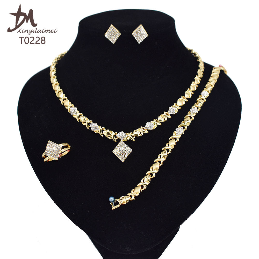 T0245 High Quality 14K Gold Plating Jewelry Women Jewelry Set 14k Gold Plating Diamond XOXO Jewelry Set
