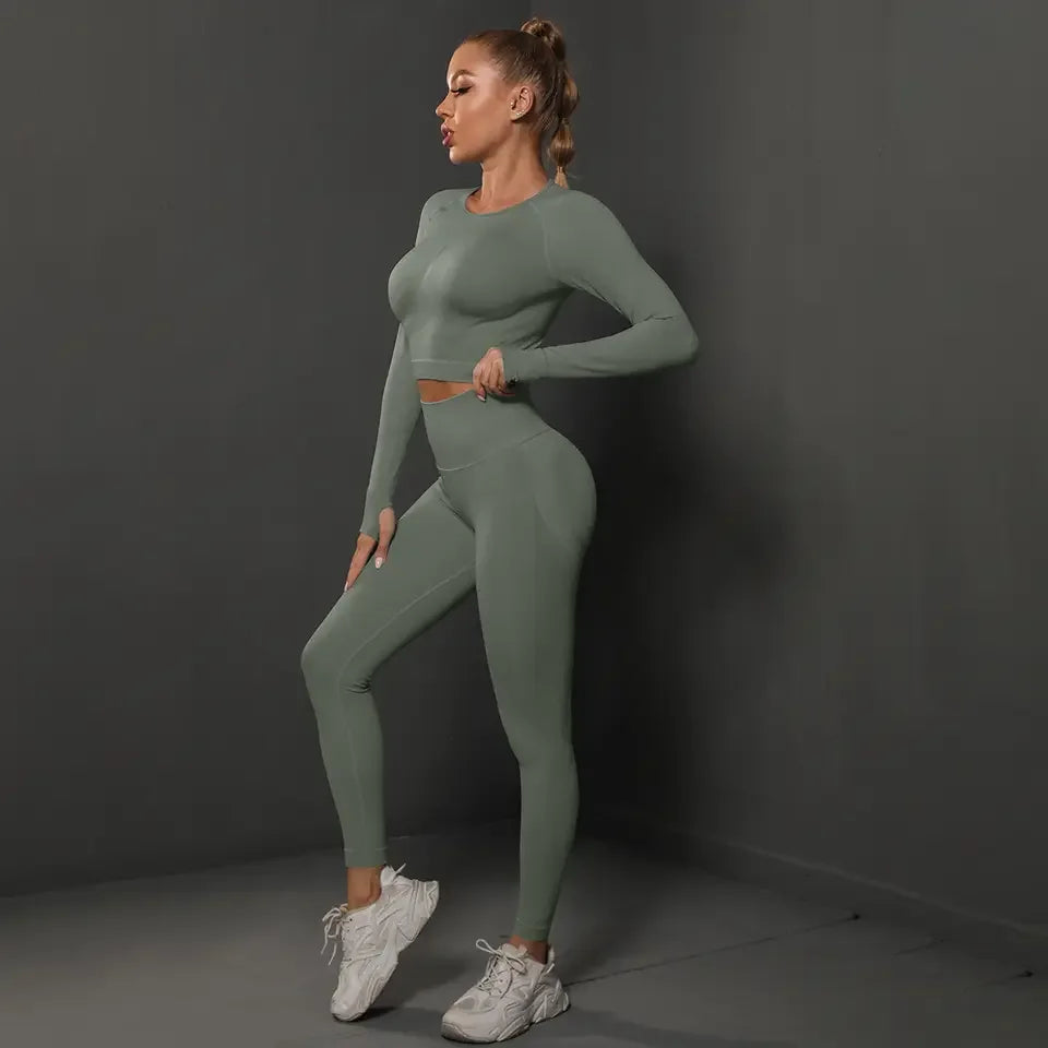 Hot Selling New Custom Logo Plus Size Seamless Activewear Set Long Sleeved Top Leggings 2 Piece Set Custom Yoga Set