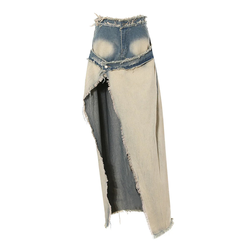 OUDINA the New Splice Lady Long Skirt Fade Classical Women Denim Skirts Asymmetric Unique Women's Skirts