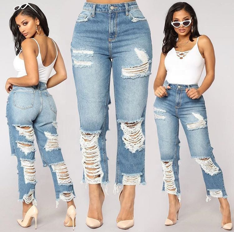 Versatile Wide Leg High Quality Jeans Pants Trousers Drawstring Blue Jean Pants for Women Destroyed Ripped Casual Jean Pants
