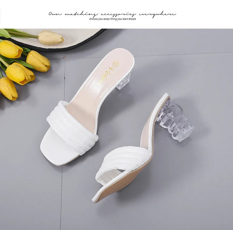 Transparent Crystal Chunky Heel High Heel Open Toe Slip on Heels for Ladies