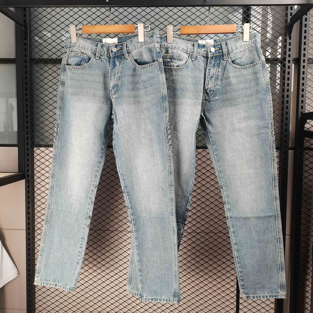 Retro Male High Street Stacked Jeans Retro  Blue Baggy Jeans Popular  Printing Wash  Designer Jean