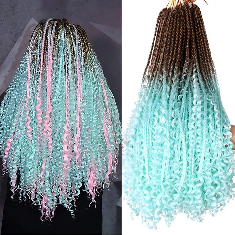 Full Star 22Inch 12 Strands Tight Box Braids Crochet Hair Wavy Ends Synthetic Hair Extensions Ombre  Black Brown Color
