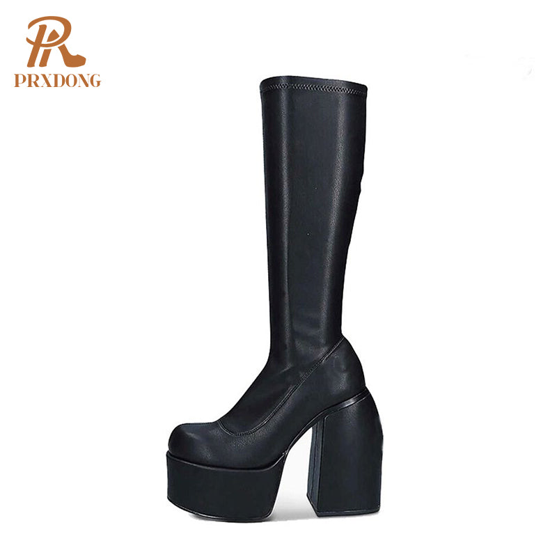 Famous Brand Fashion Women's Boots Thick Heel Waterproof Platform Ankle Boots Black Sexy Knee Boots Banquet Party High Heel Boot