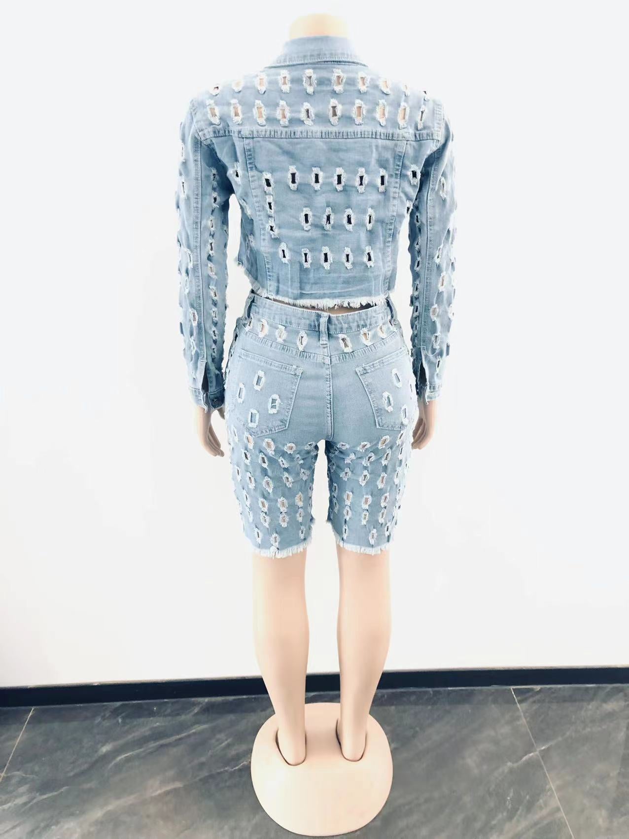 Fall  Women Denim Sets Jeans Jackets Ripped Jeans Women Shorts Sets Two Piece Outfits Denim Jean Sets for Women