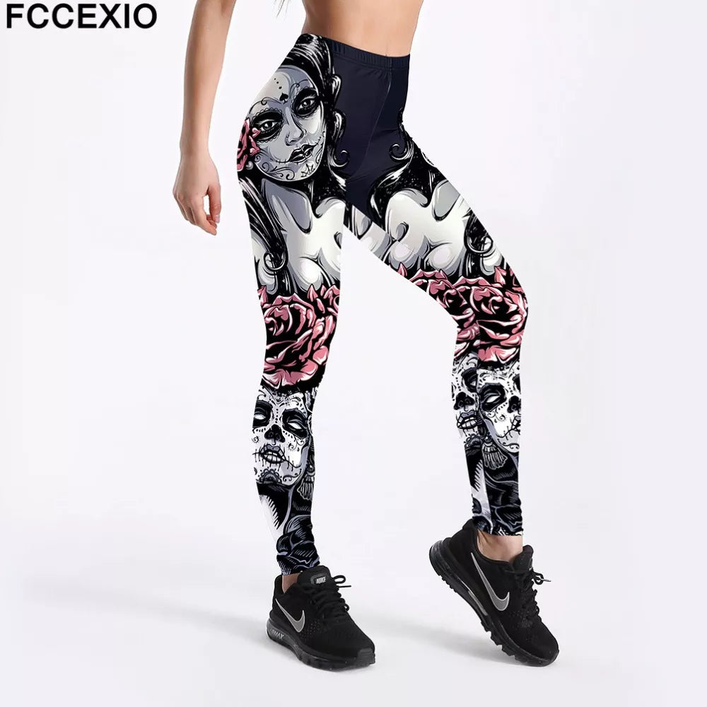 FCCEXIO Fashion Skull New Design Punk Women Legging Gothic Style Lion Retro Vintage Steampunk Leggins Ankle Pants Cosplay Leggin