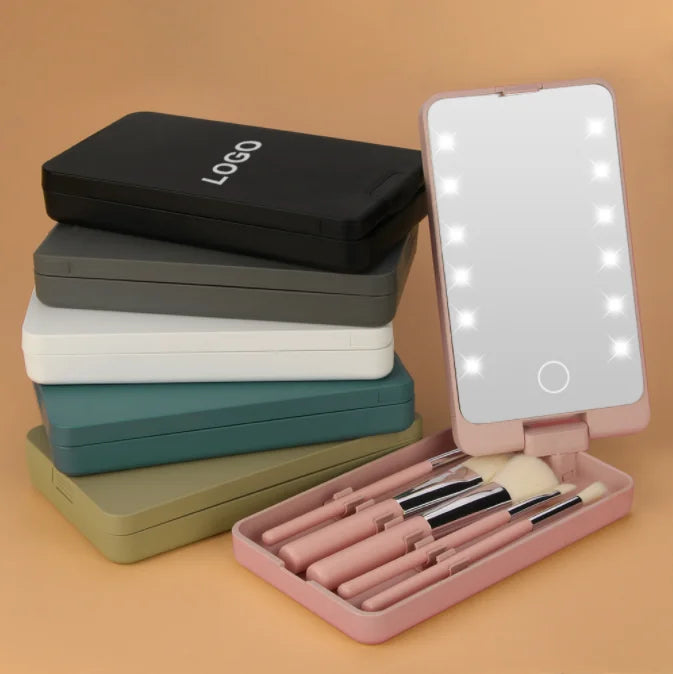 Private Label Cosmetics Led Makeup Mirror Carry Brushes Storage Box Rotating Folding Mirror Makeup Brush Set 5 Pcs - My Store