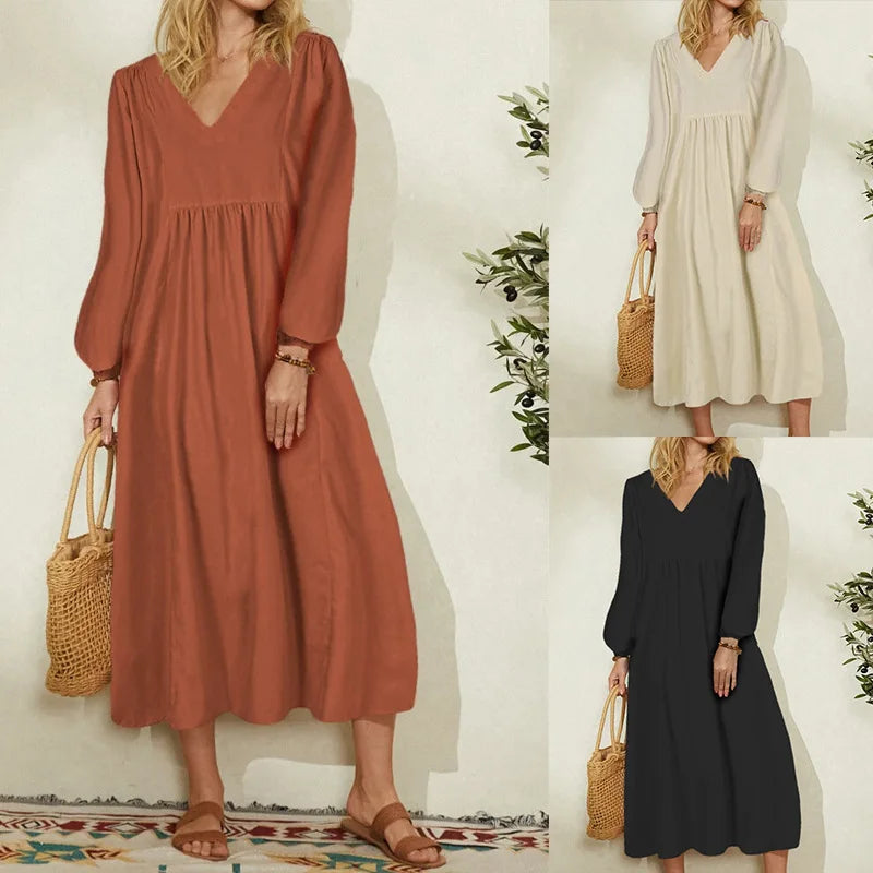 Women Clothing New Casual Dresses Fashion Cotton and Linen Loose Lantern Sleeve Womens Dresses Dress