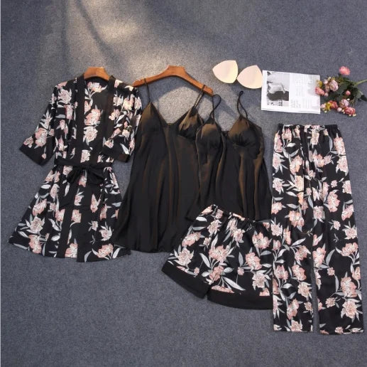 Matching 5 Piece Lace Silk Pajama Short Set Sexy Pajamas for Women