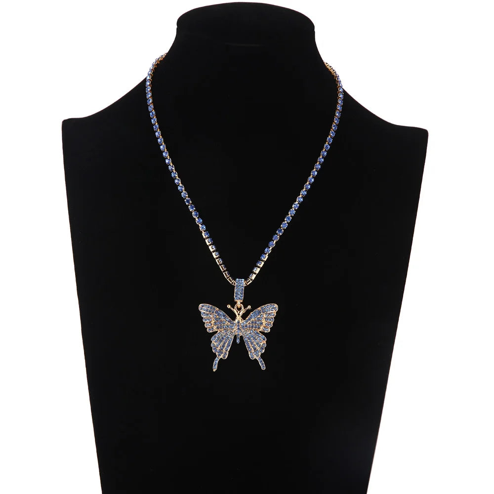 Pink Butterfly Necklace Chain  Jewelry Luxury Female Crystal Neck Pendants Women Rhinestones Jewellery Wholesale