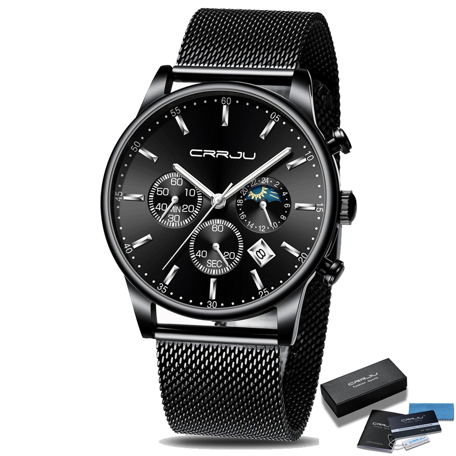 Relogio Masculino CRRJU Luxury Quartz Watch for Men Blue Dial Watches Sport Watches Chronograph Clock Mesh Belt Wrist Watch
