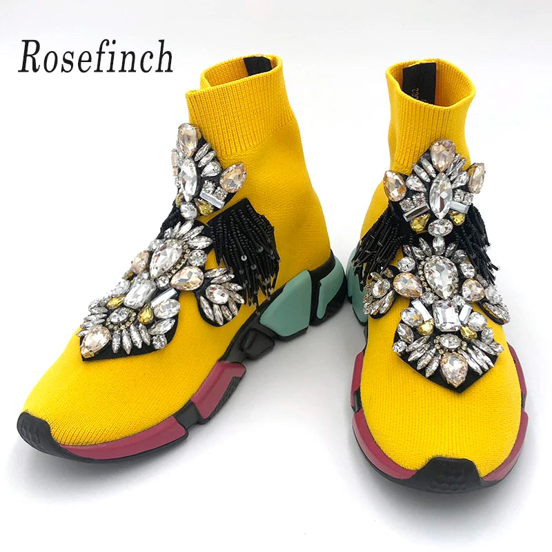Crystal Sock Sneaker Shoes Women Shoes With Crystals Rhinestone Sock Shoes Fashion Sneakers Women Short Boot Shoes WK85