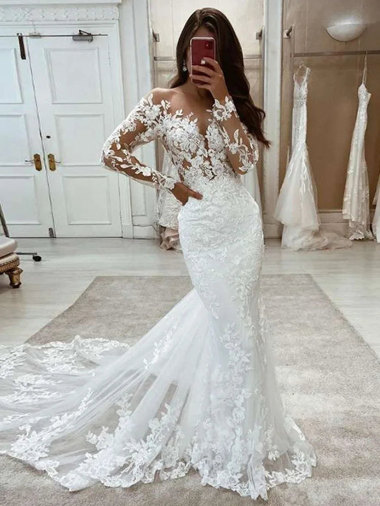 LORIE Boho Wedding Dresses Mermaid Lace Long Sleeves Wedding Gown Vintage White Ivory Custom Made Luxury Bridal Dress Customized - My Store