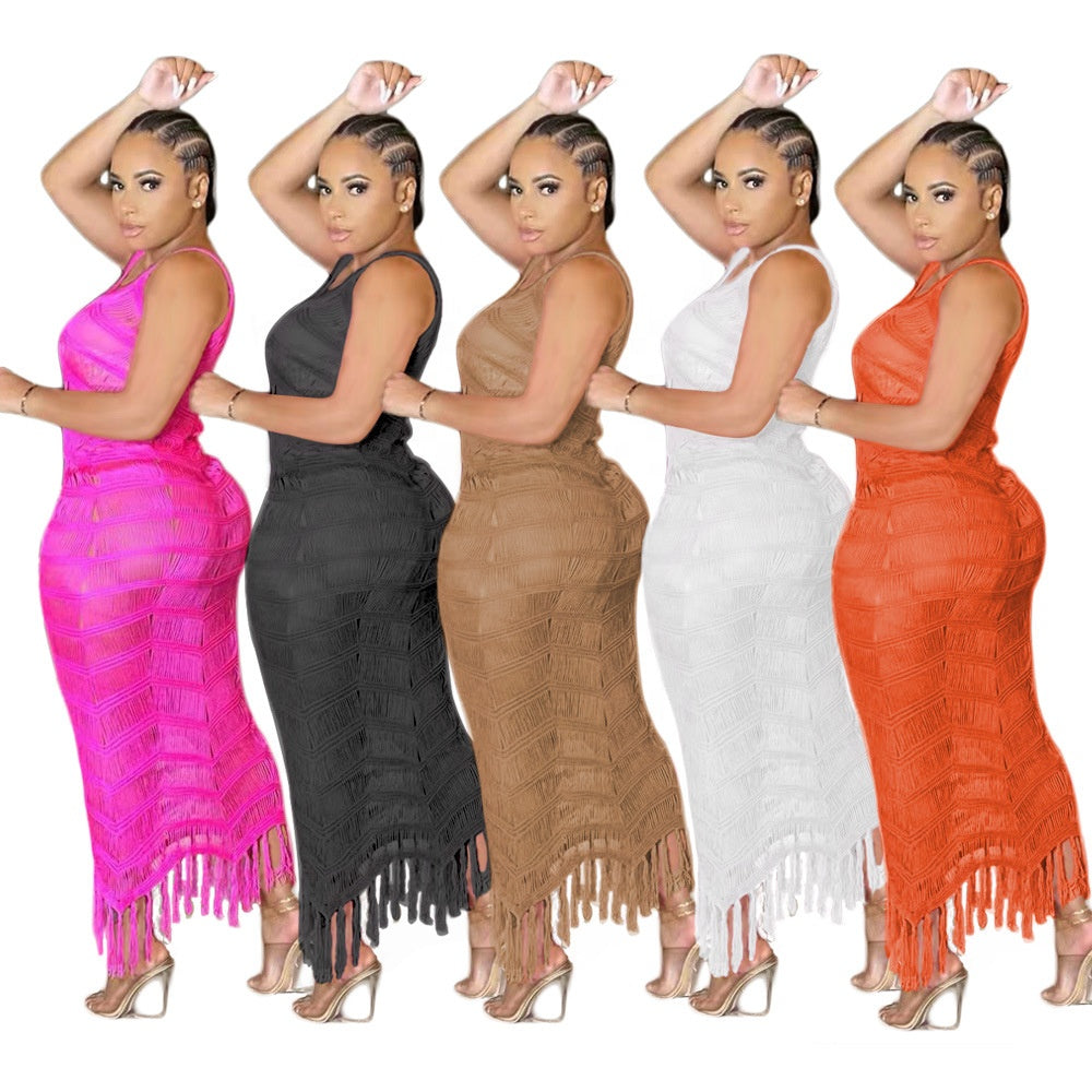 Summer Knitting Dresses Women Clothing Beach Long Tassel Dress Women Dresses
