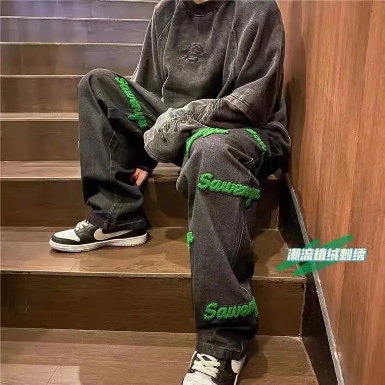 Mens Oversized Hiphop Embroiled Baggy Denim Jeans for Mens Sustainable Loose Jeans Casual Softener Knitted Jean