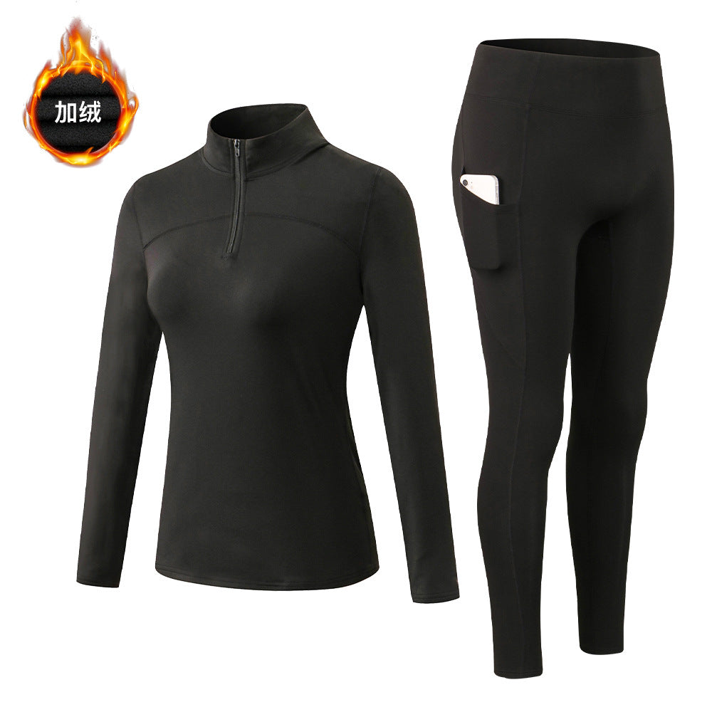 Women Activewear Breathable Quick Dry Plush Long Sleeved Zipper Top Side Pocket Workout Leggings 2 Pieces Gym Wear Set