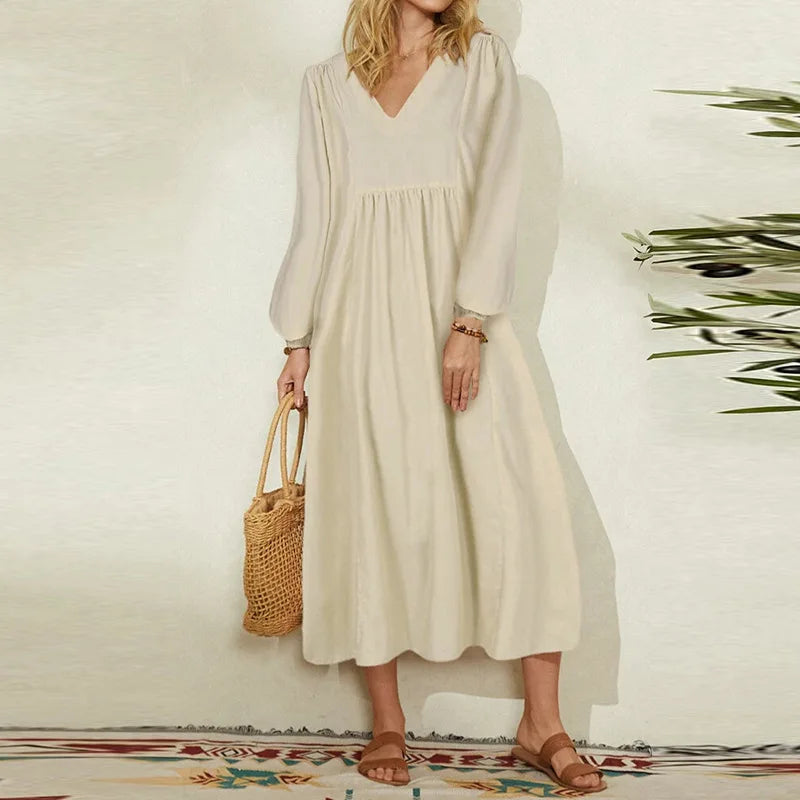 Women Clothing New Casual Dresses Fashion Cotton and Linen Loose Lantern Sleeve Womens Dresses Dress
