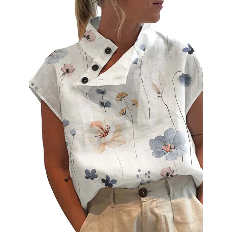 Leisure Summer Women Tops Blouse Vintage Floral Print Short Sleeve White Blouses Casual Buttons Slit Stand Neck Blouse
