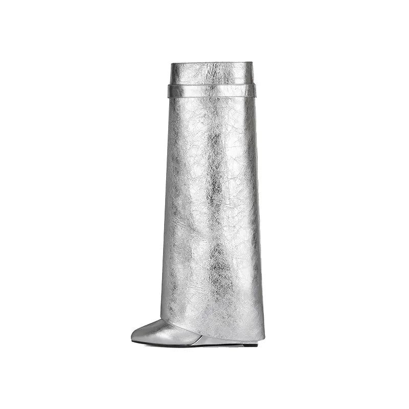 Silver Shark Boots Women Luxury Knee High Boot Designer Shoes Ladies Wedge Fold Boots New Fashion High Heels