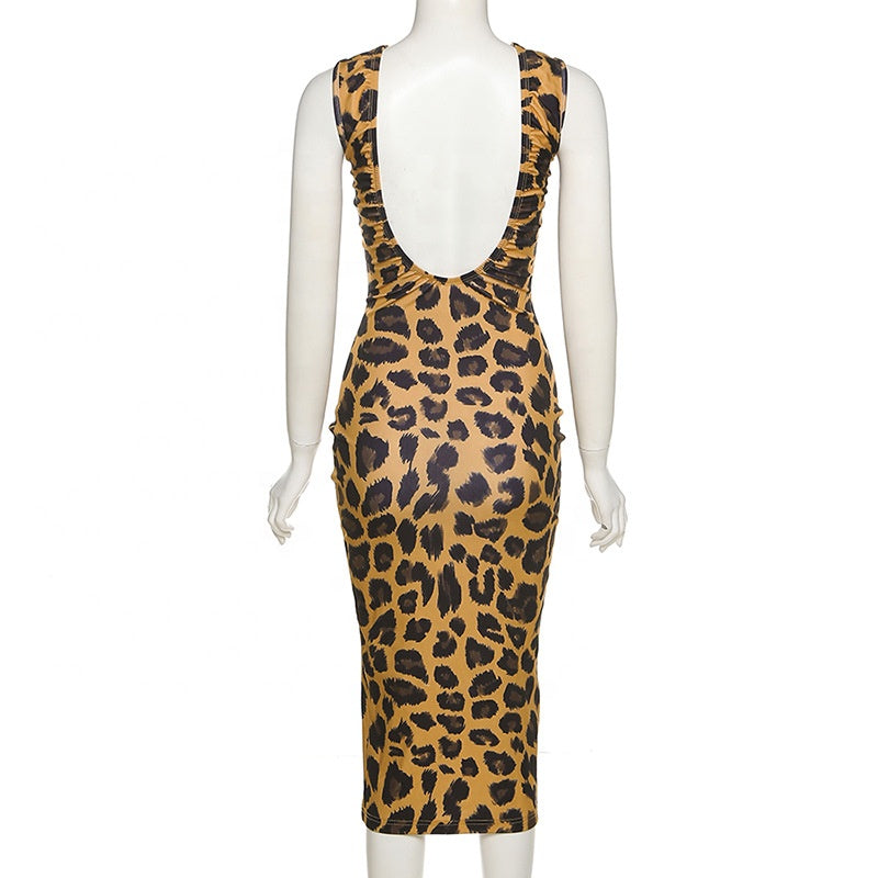 XH1257 Backless Sleeveless Leopard Maxi Dress Casual Dresses Women Fall Dress