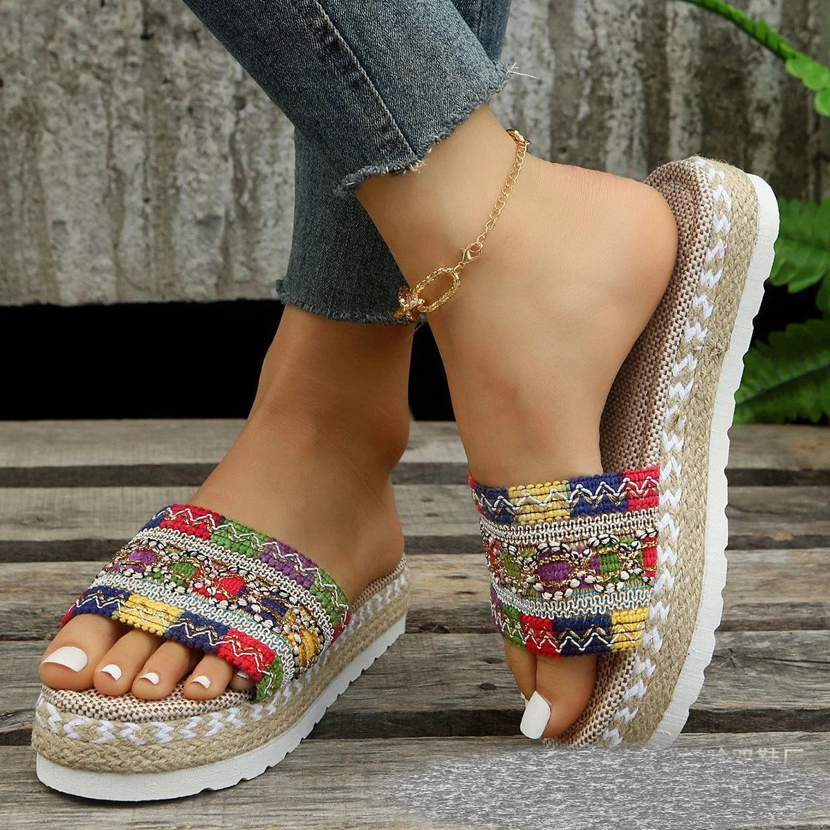 Flat Large   Women's Black Pattern Slippers Wear Embroidered Slippers Outside in Summer Bedroom Slippers for Women