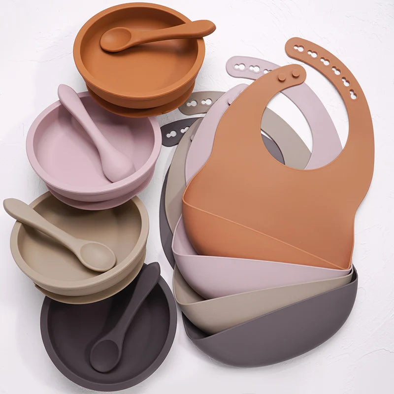 High Quality Silicone Baby Bibs Waterproof Silicone Round Bowl Easily Clean Healthy Soft Feeding Silicone Spoon for Babies