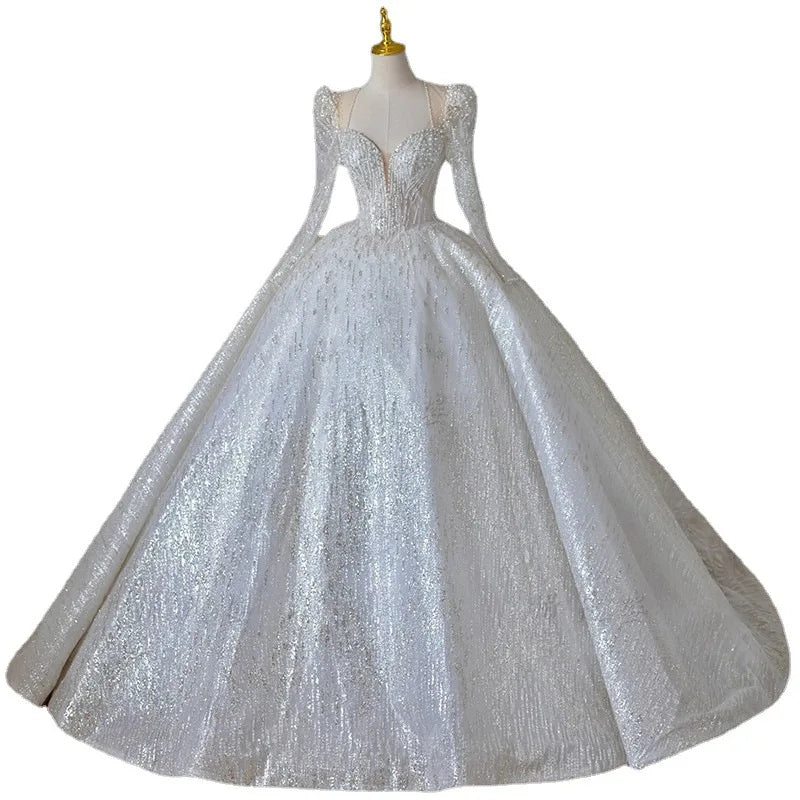 Shining Long Sleeve Ball Gown Wedding Dress Backless Sequin Wedding Dress Beading Bridal Gowns Plus Size Dresses - My Store