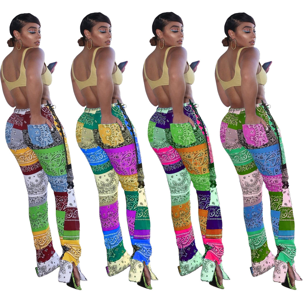 JY39 Women's New Patchwork Slit Printed Clothing Stylish Jogging Pant for Women Casual Pants