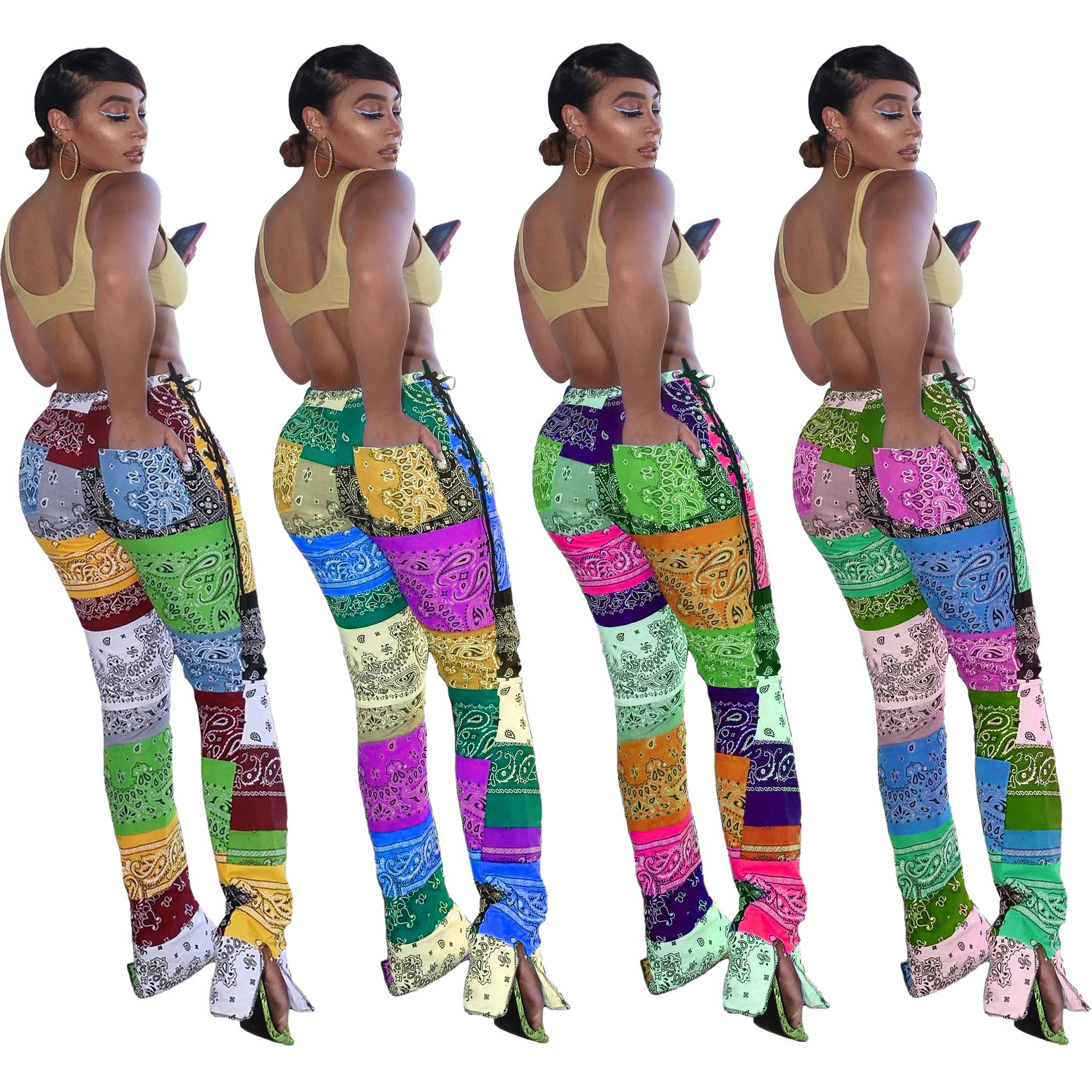 JY39 Women's New Patchwork Slit Printed Clothing Stylish Jogging Pant for Women Casual Pants