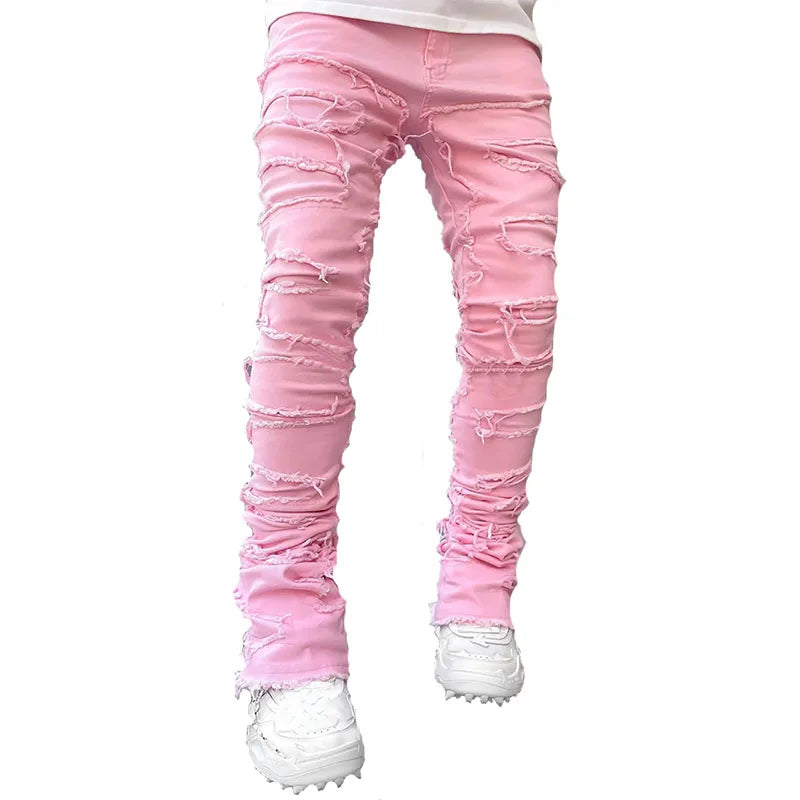 Designer Patch Stretch Stacked Jeans Men Man Jean Trouser Mens in Bulk Wholesale Ripped Jeans