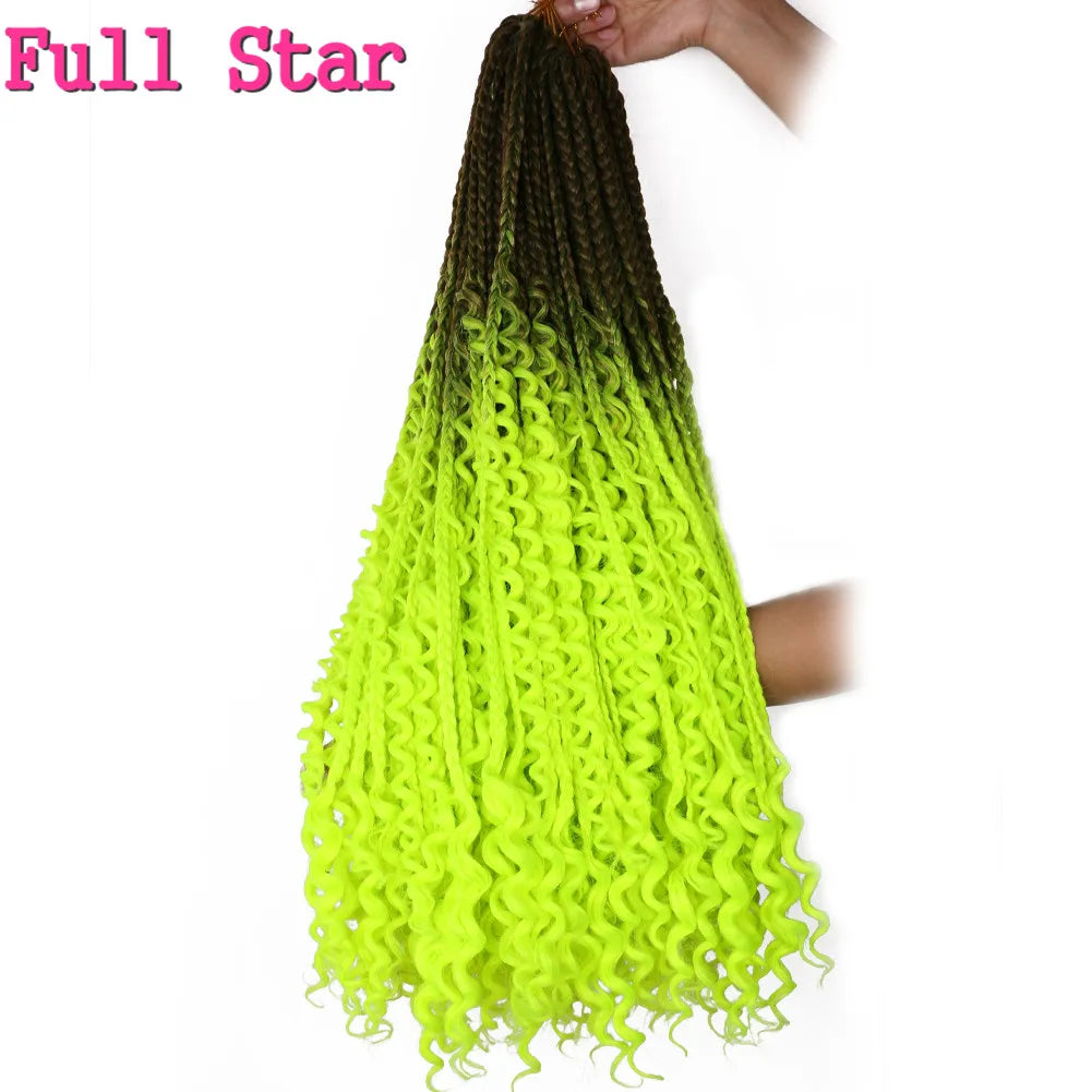 Full Star 22Inch 12 Strands Tight Box Braids Crochet Hair Wavy Ends Synthetic Hair Extensions Ombre  Black Brown Color