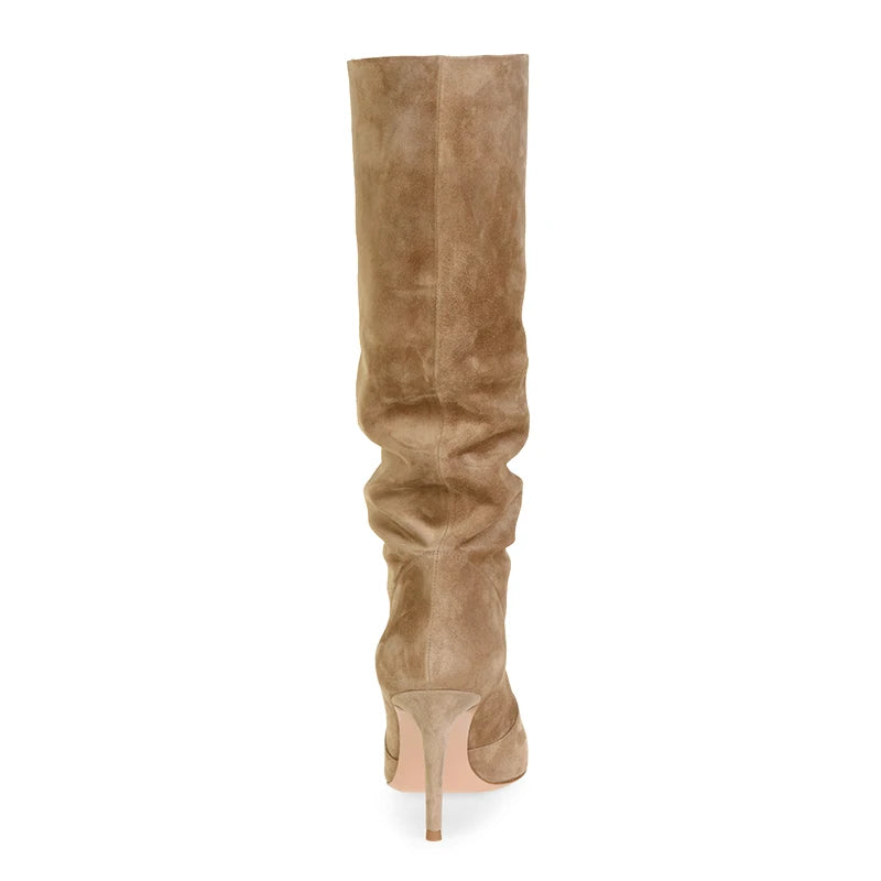 Brown Faux Suede Knee High Boots Slouch 2025 Women Shoes Winter Slouchy Long Boots Woman High Heel Latest Camel Ladies Tall Boot