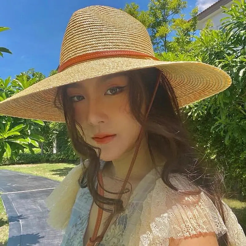 New Belt Strap Straw Sun Hat for Women Fashion Vacation Beach UV Hats WideBrim Panama Hats Outdoor Wholesale