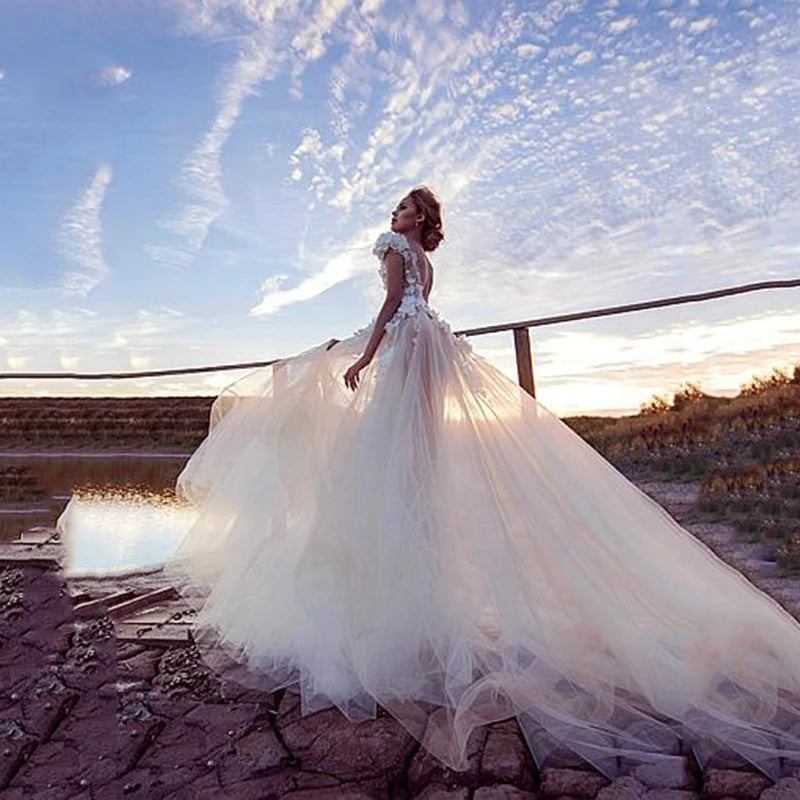 Champagne Boho Wedding Dresses Luxury Sexy Backless Princess Bridal Dress Lace Appliques 3D Flowers Beach Long Wedding Gown - My Store