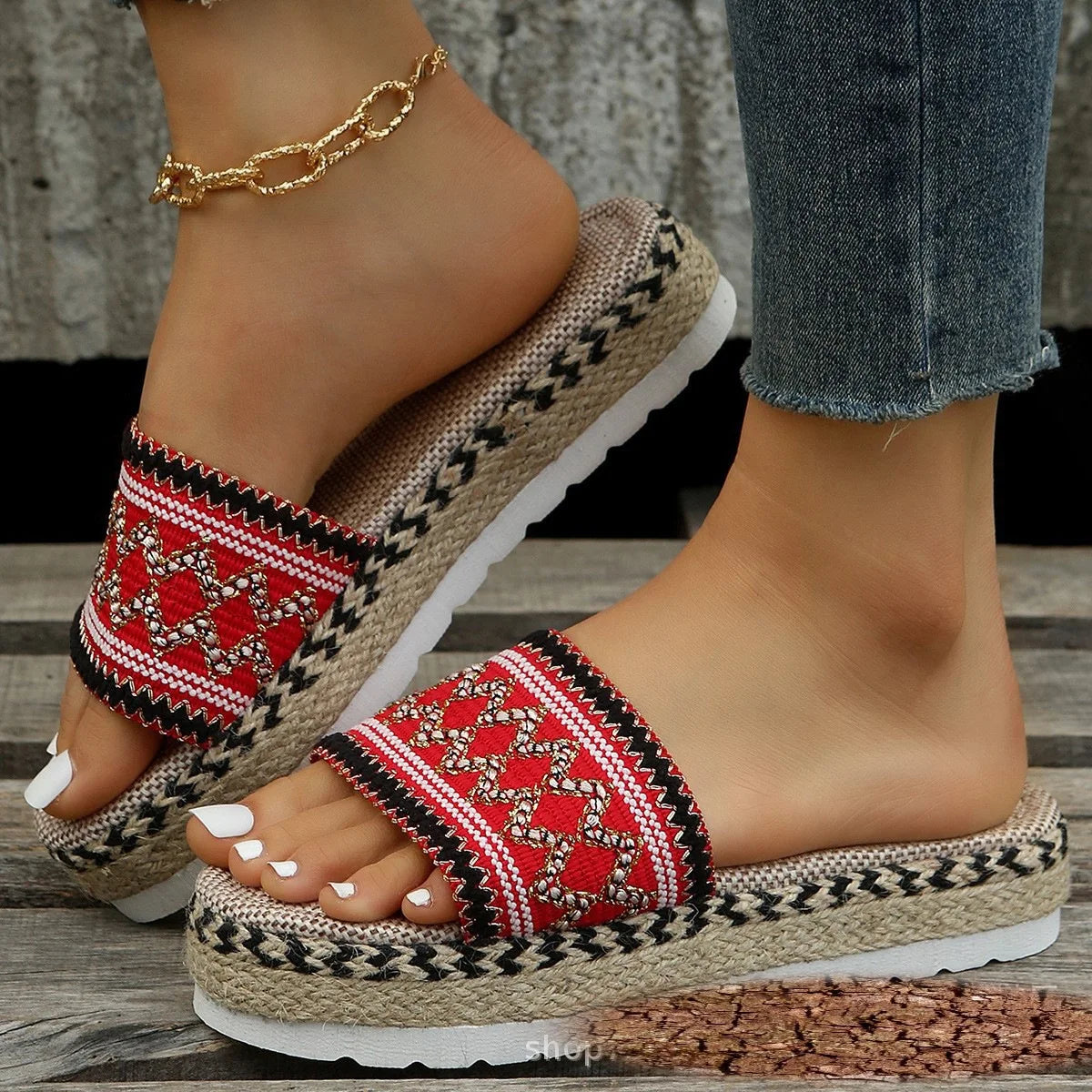 Flat Large   Women's Black Pattern Slippers Wear Embroidered Slippers Outside in Summer Bedroom Slippers for Women