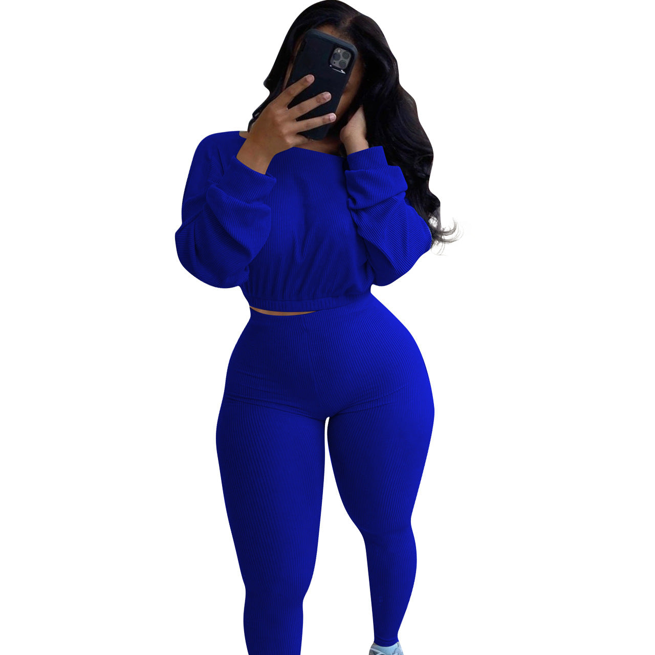 Spring Fall Ladies Clothing Multicolor 2 Piece Jogger Set Woman Boat Neck Elastic Band Casual Rib Activewear Pants Set