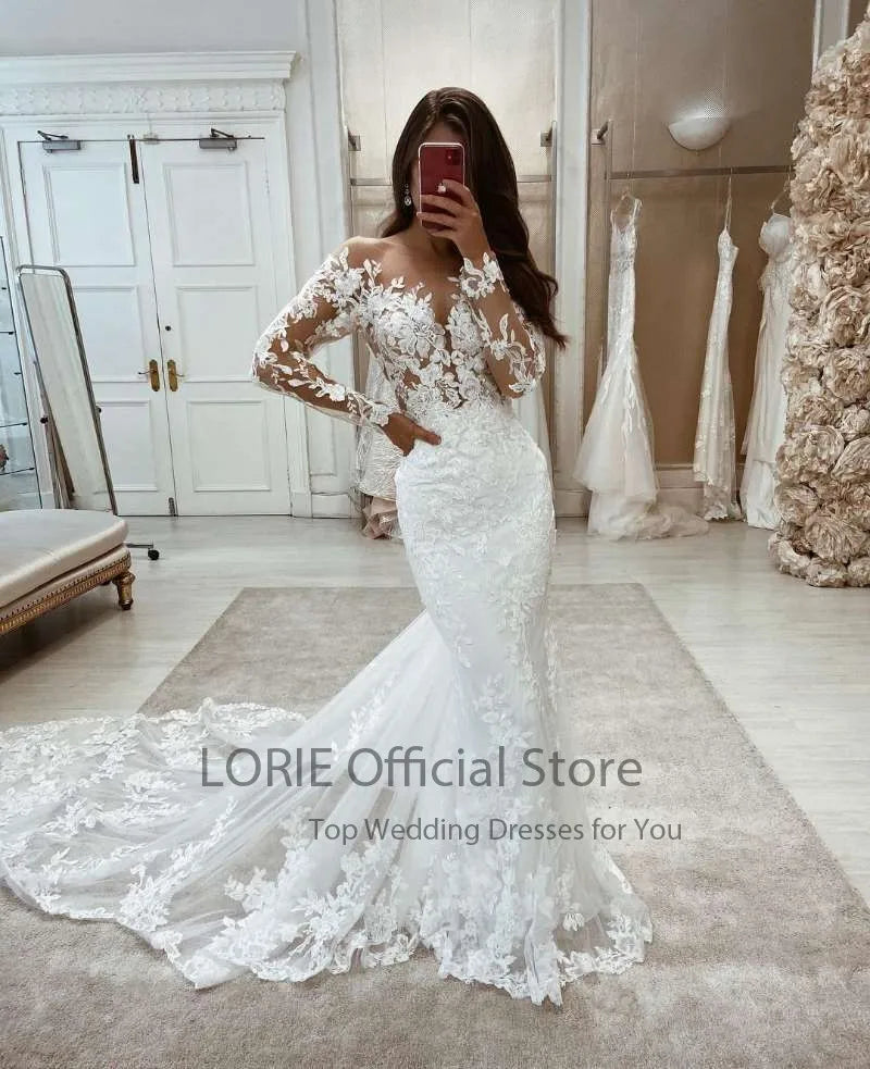 LORIE Boho Wedding Dresses Mermaid Lace Long Sleeves Wedding Gown Vintage White Ivory Custom Made Luxury Bridal Dress Customized - My Store