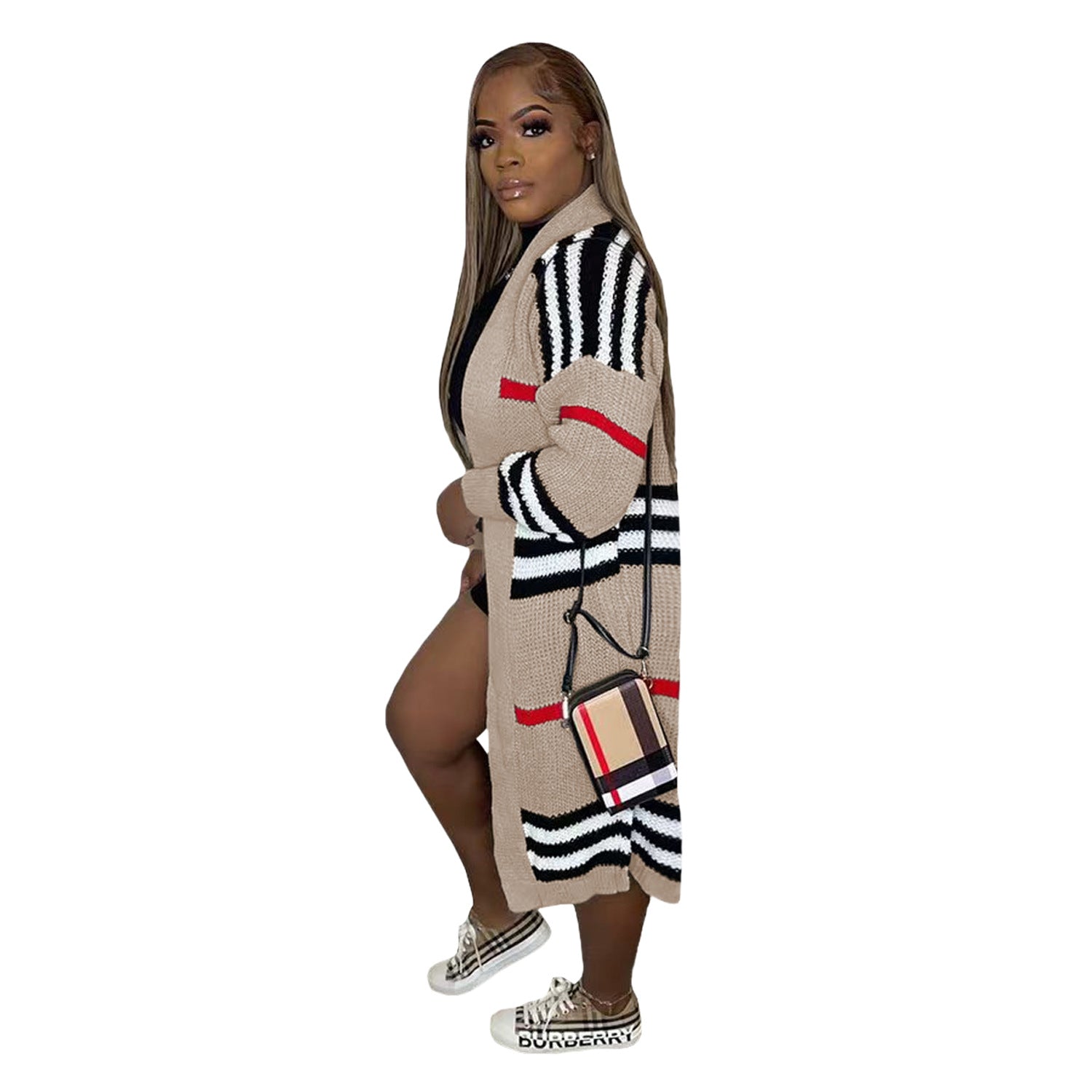 Women Coat Plus Size L-3xl Wear Out Knitted Striped Long Coat   Casual Cardigan Coats for Adult