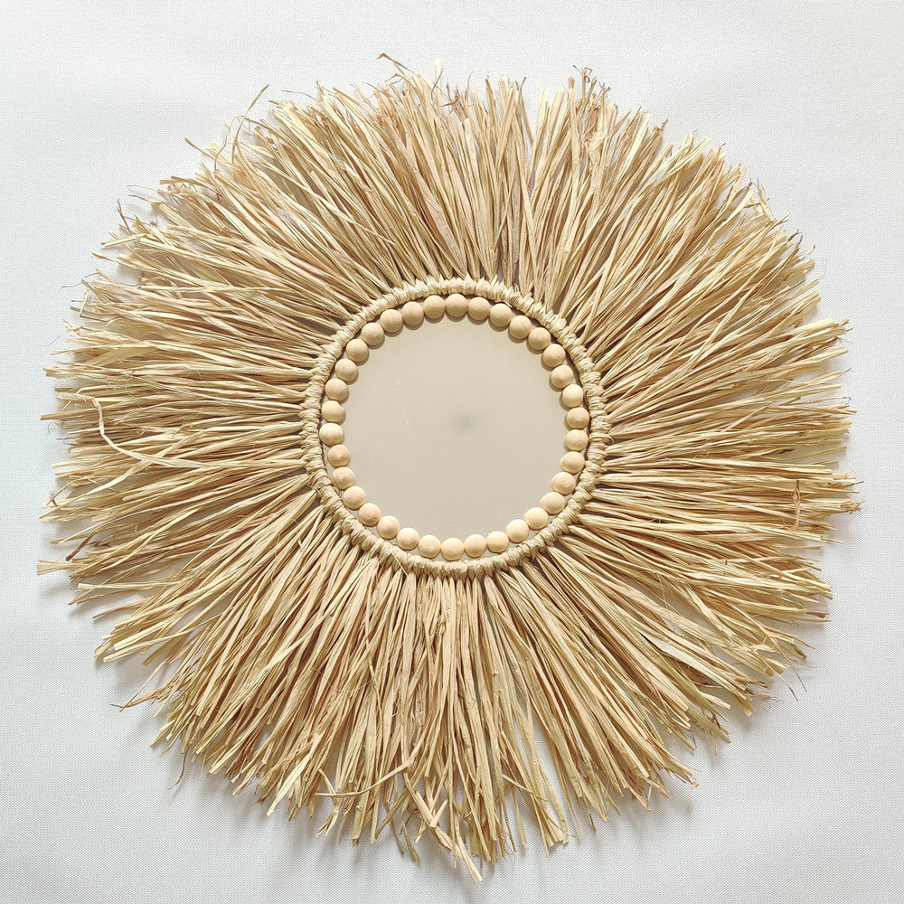 Hot Sales Boho RAFFIA Decor Mirror 45cm Lafite Grass Mirrors Decor Wall Mirrors Decoration With Wood Balls for Home