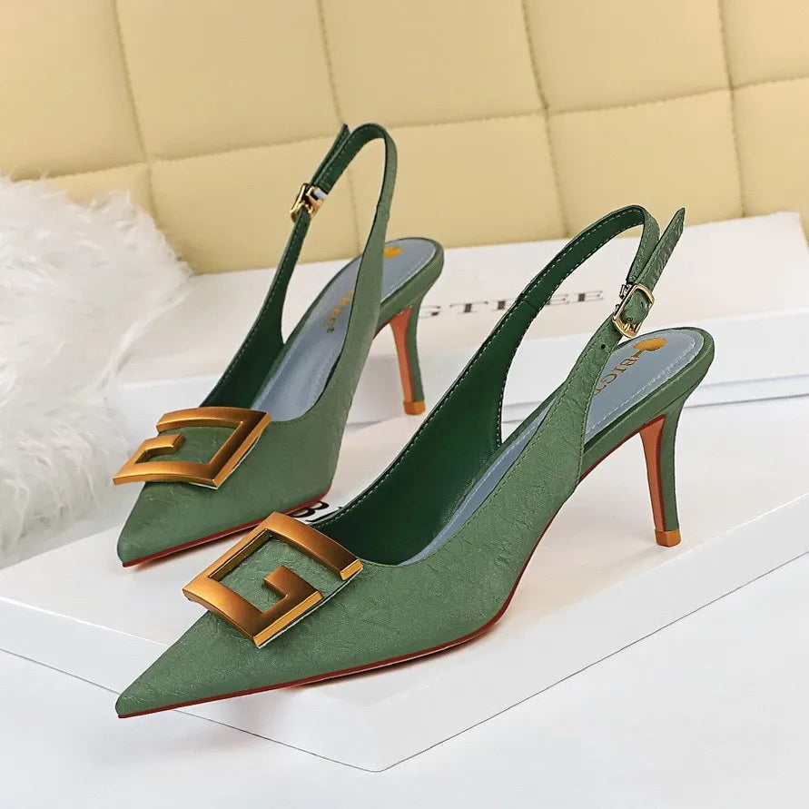 8999-5 High Heels Shoes for Women Shallow Pointed Hollow Back Metal Square Buckle Thin High Heel Sandals Heels for Ladies