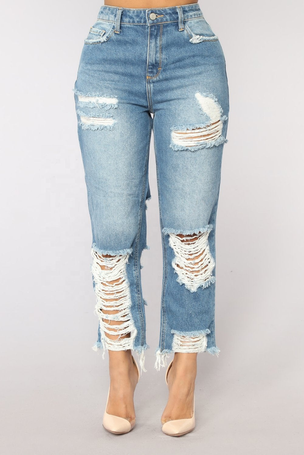 Versatile Wide Leg High Quality Jeans Pants Trousers Drawstring Blue Jean Pants for Women Destroyed Ripped Casual Jean Pants