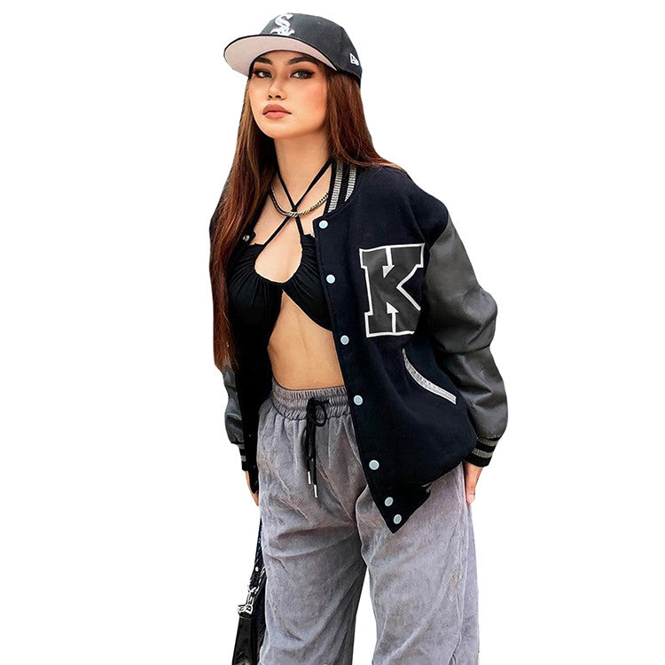 Autumn Winter Women's Coat Color Matching Printed Leather Sleeves Printed Baseball Uniform Coat Women's Jackets and Coats